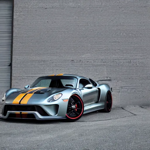 Prompt: a 1 9 6 7 ford mustang fastback mixed with a 2 0 1 5 porsche 9 1 8 spyder, professional photography, wide - angle