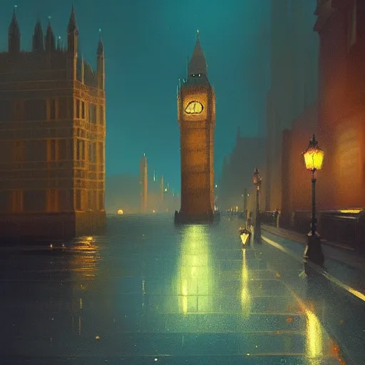 Image similar to london at night, fantasy, intricate, elegant, digital painting, trending on artstation, concept art, soft focus, illustration by greg rutkowski, edward hopper, 4 k.