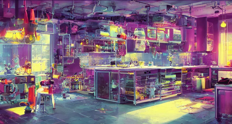 Image similar to IKEA catalogue photo of a cyberpunk kitchen, by Paul Lehr