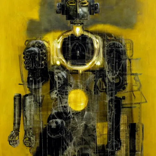 Prompt: a robot kerberos in yellow noir without memory nor feelings, althoughbhe believes he is a god, oil on canvas by dave mckean and james jean