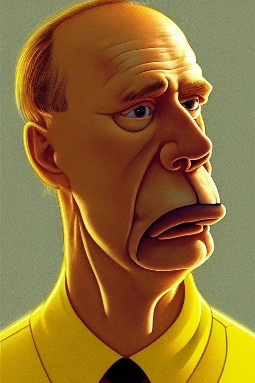 Image similar to vladimir putin as a yellow funny stupid homer simpson, realistic portrait, symmetrical, highly detailed, digital painting, artstation, concept art, smooth, sharp focus, illustration, cinematic lighting, art by artgerm and greg rutkowski and alphonse mucha