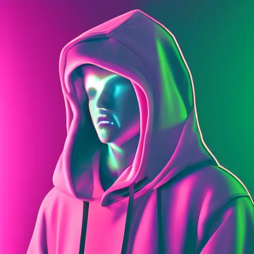 Image similar to ghost in hoodie, portrait, vaporwave, synthwave, neon, vector graphics, cinematic, volumetric lighting, f 8 aperture, cinematic eastman 5 3 8 4 film, photorealistic