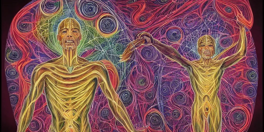 Image similar to man burning from the inside out casts astral projections around his body by alex grey!!!!, cosmic, meridians