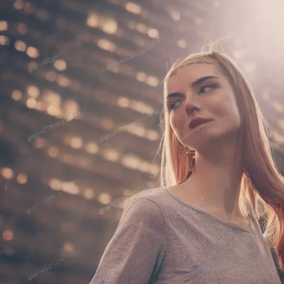 Image similar to portrait of 2 5 - year - old woman godess with angle 9 0 ° centred looking away fresh air, strong spirit, 8 k, cinematic scene, background city blured futuristic