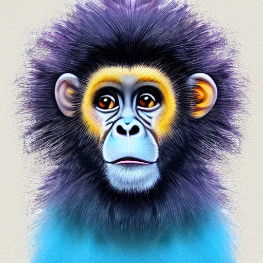 Image similar to portrait of a cute fluffy baby monkey with giraffe spots and long colorful flowing lion mane with mohawk hairstyle hybrid animal detailed painting 4 k