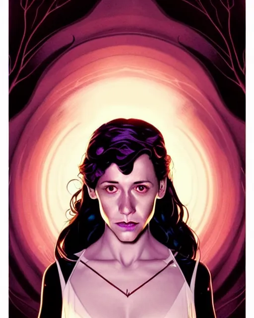 Image similar to beautiful stella maeve magician, black magic spells, in the style of joshua middleton, rafeal albuquerque comicbook cover art, phil noto, creepy pose, spooky, symmetrical face and body, volumetric lighting, cinematic lighting, detailed realistic symmetrical eyes, insanely detailed and intricate elegant, autumn leaves