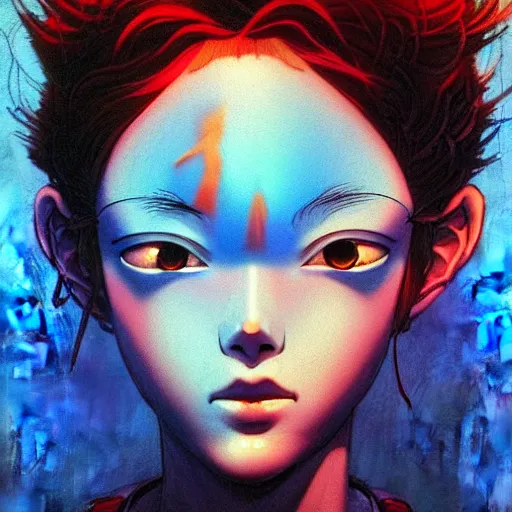 Image similar to prompt : blue portrait soft light painted by james jean and katsuhiro otomo, inspired by evangeleon anime, smooth face feature, intricate oil painting, high detail illustration, sharp high detail, manga and anime 1 9 9 0