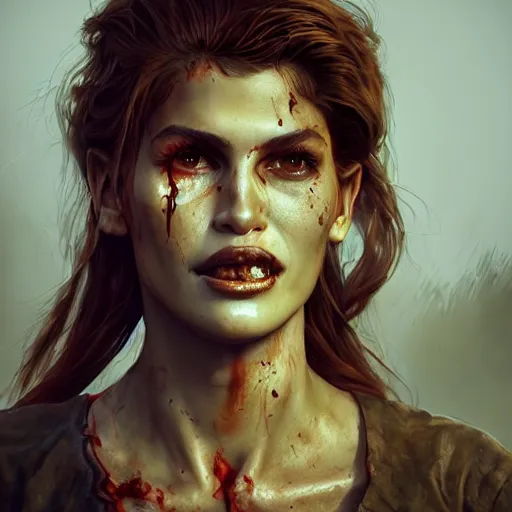Image similar to portrait of young cindy crawford as a zombie, 7 days to die zombie, fine art, award winning, intricate, elegant, sharp focus, cinematic lighting, highly detailed, digital painting, 8 k concept art, art by guweiz and z. w. gu, masterpiece, trending on artstation, 8 k