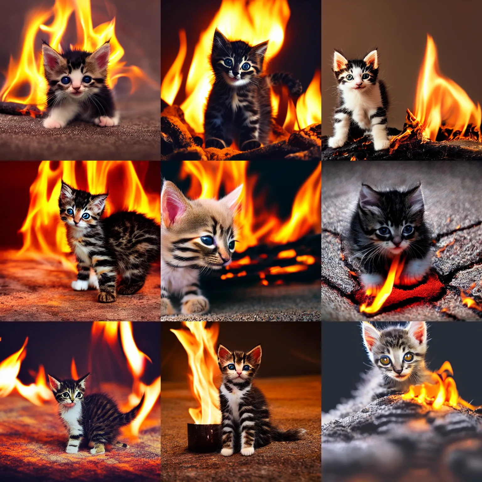 Prompt: extreme long shot of a cute kitten burning , standing in fire, at night, award winning photo, high detail, atmospheric, 8k