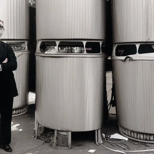 Image similar to spaghetti face man in a suit standing in front of the thrash can in san - francisco, photo 4 k, direct flash, bottom up, high resolution, film photography,