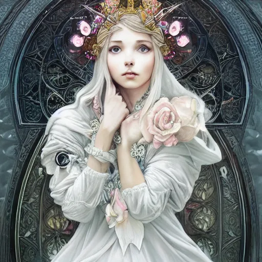 Image similar to a photograpic portrait of a anthropomorphic rose wearing white clothes, Dark souls themed, fantasy, intricate, elegant, highly detailed, digital painting, artstation, concept art, smooth, sharp focus, illustration, art by artgerm and H R Giger and alphonse mucha
