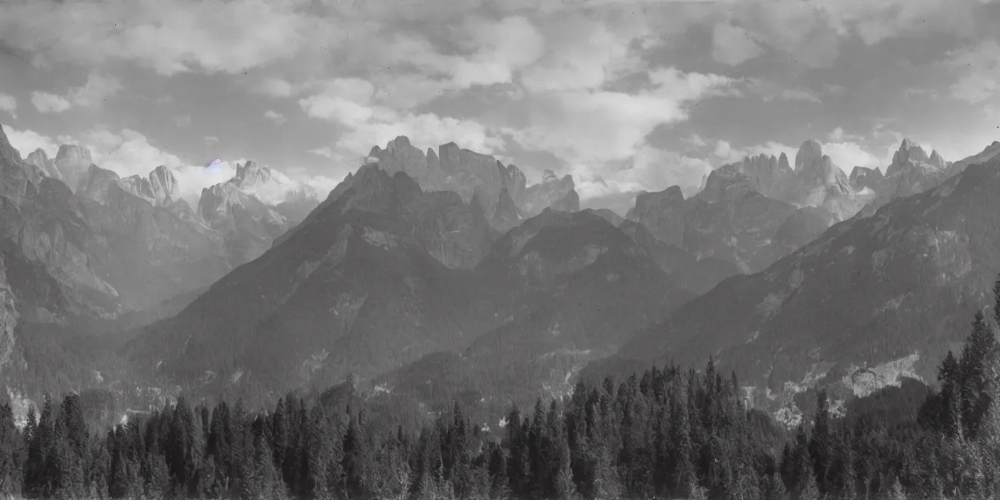 Prompt: dark tyrolean valley with cloudy dolomites in background photographed from the valley, 3 5 mm, dark, eerie, 1 9 2 0 s ghost photography