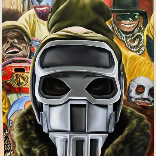 Image similar to beautiful lifelike painting of mf doom showcases his prized collection of rhymes like dimes, hyperreal detailed facial features and uv lighting, art by ed roth and basil wolverton