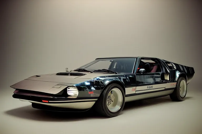 Prompt: designed by john delorean stylized poser of a single 1 9 6 9 fastback mustang ( mk 2 ford gt 4 0 ) delorean, large led lights, ektachrome photograph, volumetric lighting, f 8 aperture, cinematic eastman 5 3 8 4 film