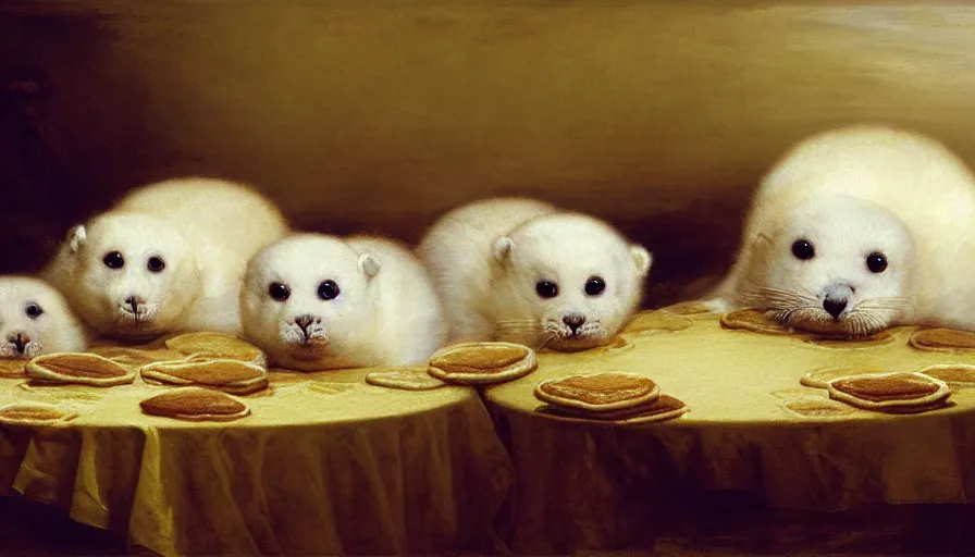 Prompt: highly detailed painting of cute furry white baby seals in a large pile of many pancakes on a table by william turner, by greg rutkowski, by william constable, thick brush strokes and visible paint layers, 4 k resolution