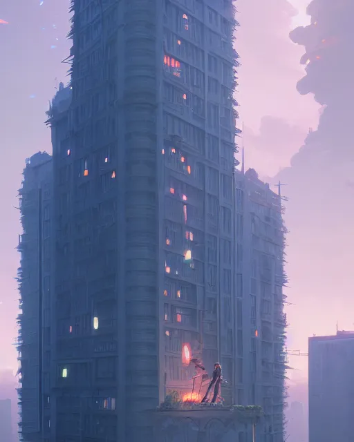 Image similar to highly detailed vfx portrait of a tall building, unreal engine, greg rutkowski, loish, rhads, beeple, makoto shinkai and lois van baarle, ilya kuvshinov, rossdraws, tom bagshaw, alphonse mucha, global illumination, detailed and intricate environment