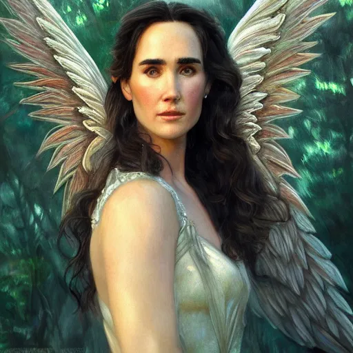 Image similar to A beautiful detailed painting of jennifer connelly as a female angel warrior, wings spread in a magical forest, ray traced sun light, by john sargent and Kalin Popov , Trending on artstation HD.