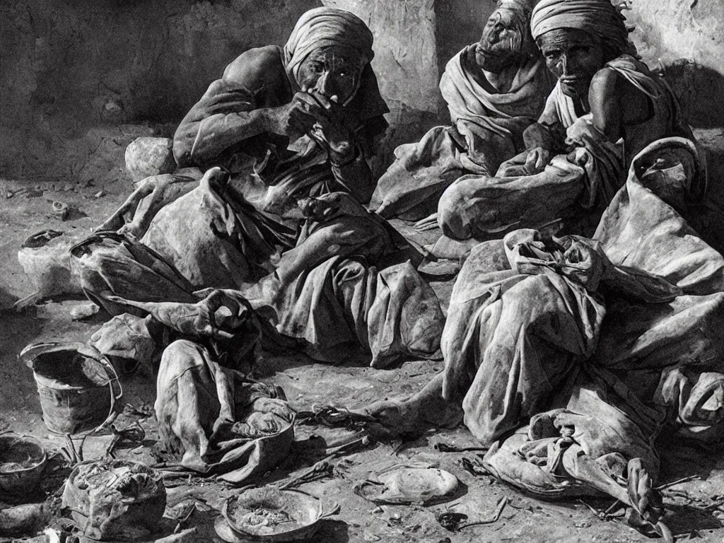 Prompt: The worker of the gold mines eating. Night. Painting by Georges de la Tour, Sebastiao Salgado