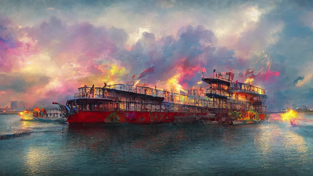 Prompt: a colorful steamboat on the mississippi, by yuumei, bayard wu, wlop, tim white, ross tran, 4 k