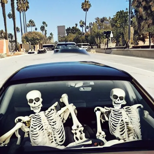 Image similar to Photo of skeletons doing a drive by in Los Angeles with uzis in a lowrider car