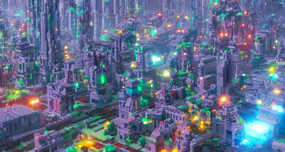 Image similar to sci - fi futuristic city made of lego bricks, photorealistic, 8 k, octane render, still from lego movie