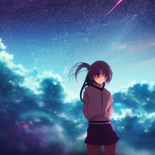 Image similar to key anime visual of a girl looking at a sky full of stars, detailed digital painting, sharp official media, extreme wide shot cold backlit beautiful lighting, stunning vfx