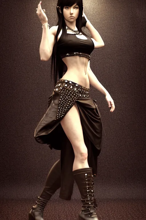 Prompt: Tifa Lockhart rendered in Cinema 4D, elegant intricate ornate futuristic leather skirt and white tank top, dark brown flowing long hair, art by Artgerm and Alphonse Mucha, hyperrealism, full body photogenic shot, digital render, clothing studded with orbs of colorful crystal, 8k resolution, masterpiece work