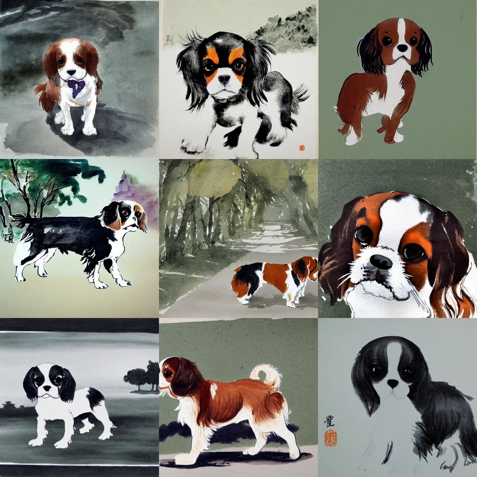 Prompt: cavalier king charles spaniel, on a road in a park on a sunny day, traditional chinese ink painting