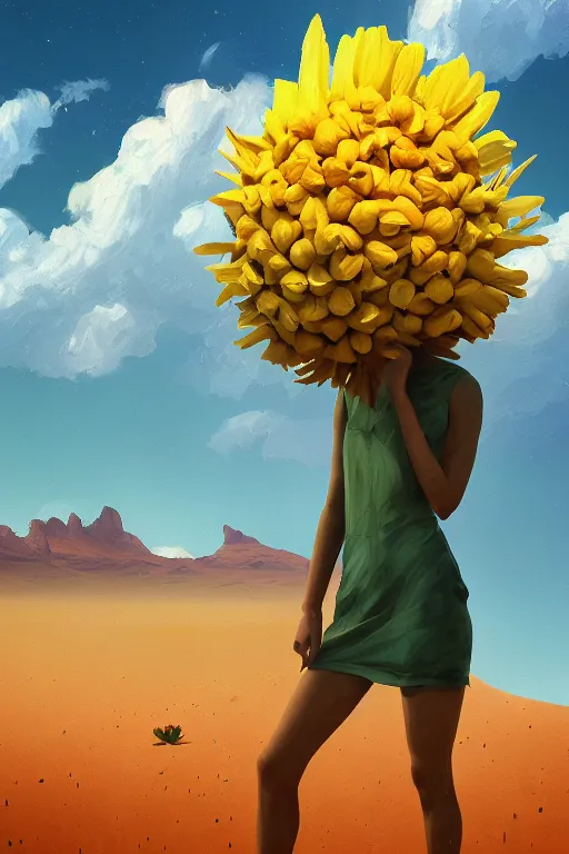 Prompt: closeup, gigantic flower head, girl in desert, surreal photography, wind and cold, dramatic sky, impressionist painting, digital painting, artstation, simon stalenhag