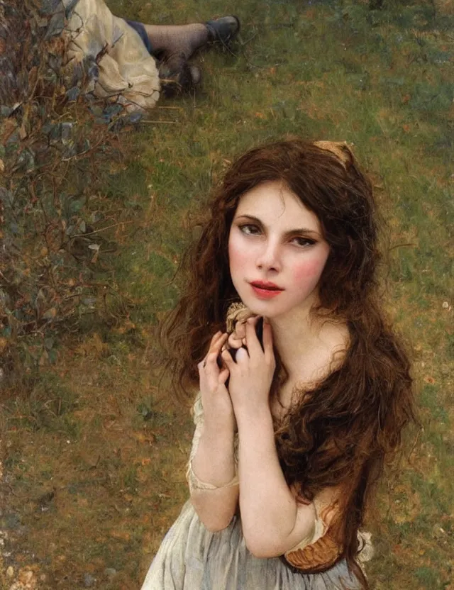 Image similar to tempting peasant girl with deep seductive décolleté looking in the camera, on a village, high angle view, portrait, Cinematic focus, Polaroid photo, vintage, neutral colors, soft lights, foggy, by Steve Hanks, by Serov Valentin, by lisa yuskavage, by Andrei Tarkovsky 8k render, detailed, oil on canvas