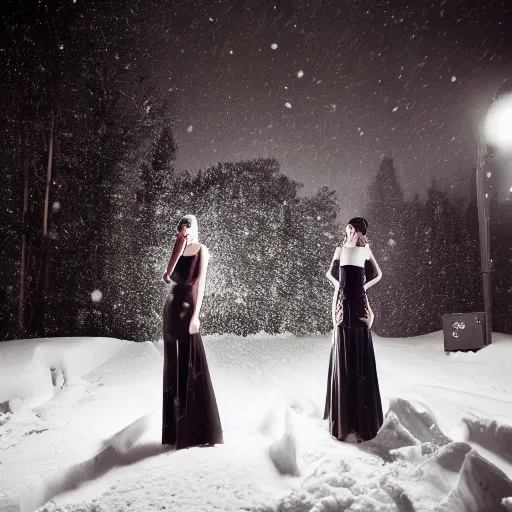 Image similar to medium format photograph of a surreal fashion shoot in the snow at night with camera flash