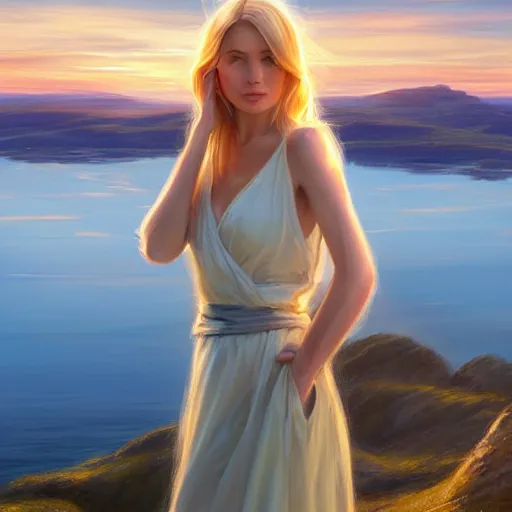 Prompt: blonde female jedi, Swedish countryside, landscape view, archipelago, freedom, dawn, sunrise, beautiful, by Vladimir Volegov, wlop, artstation