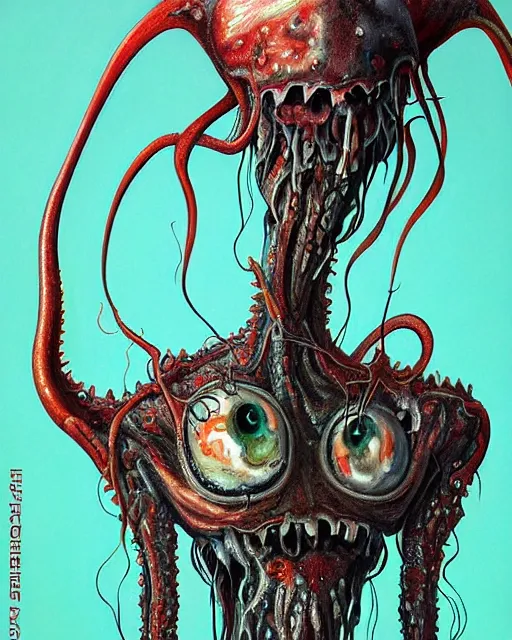 Image similar to Haunting horrifying detailed painting of a tall skinny extraterrestrial squid monster made of gelatinous fluid, floating teeth and bloodshot eyeballs, hyper detailed, trending on Artstation