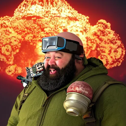 Prompt: highly detailed octane render of a short ugly fat man with a giant beard, holding a grenade launcher and wearing armour, goggles and a safety hat whilst laughing at a green mushroom cloud surrounded by dead insects in a cave