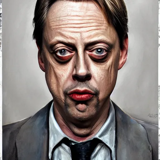 Image similar to hyperrealistic mixed media painting of steve buscemi, perfect facial symmetry, dim volumetric lighting, 8 k octane beautifully detailed render, post - processing, portrait, extremely hyper - detailed, intricate, epic composition, brown eyes, highly detailed eyes, realistic eyes, masterpiece, trending on artstation, very very detailed, stunning,