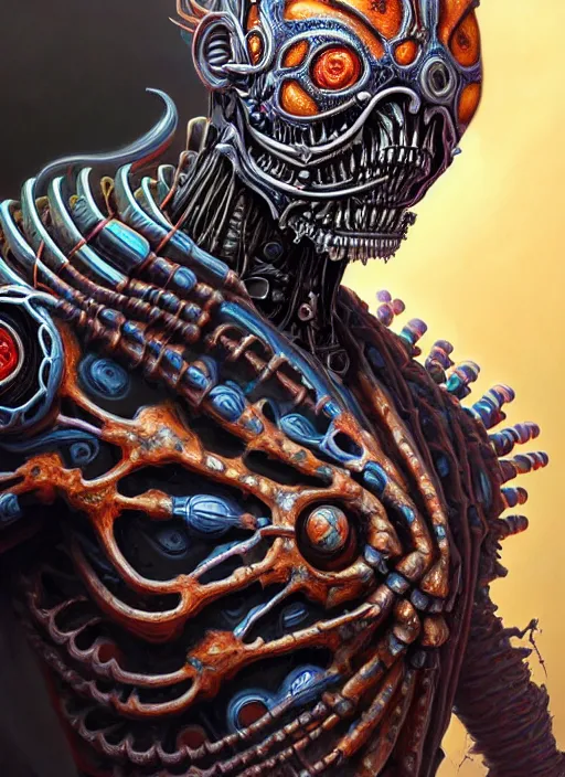 Image similar to hyper detailed ultra sharp painting of a undead biomechanical warrior trance man. trending on artstation, warpaint aesthetic, earthwave, colorful, psychedelic, ornate, intricate, digital painting, concept art, smooth, sharp focus, illustration, art by artgerm and greg rutkowski and h. r. giger, 8 k