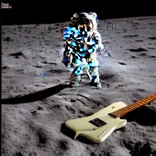 Image similar to a photo of a detailed, realistic, sitting idle, regular sized electric guitar next to a beer can and an astronaut chilling on the moon surface. detailed photo. realistic photo