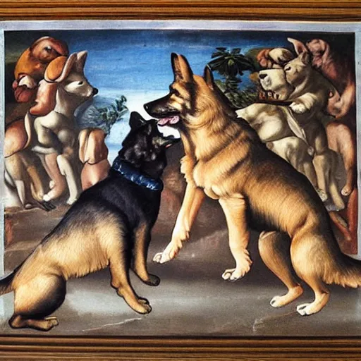 Prompt: two german shepard dogs reaching toward each other, sistine chapel, fresco painting, creation of adam