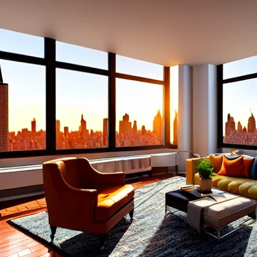 Image similar to Interior of a New York City apartment during golden hour, realistic