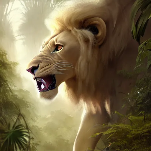 Image similar to commission portrait of a male anthro albino lion,wearing cargo pants and a boack t-shirt,going through a jungle cautiously.dramatic,character design by charles bowater,greg rutkowski,ross tran,hyperdetailed,hyperrealistic,4k,deviantart,artstation,professional photography,concept art