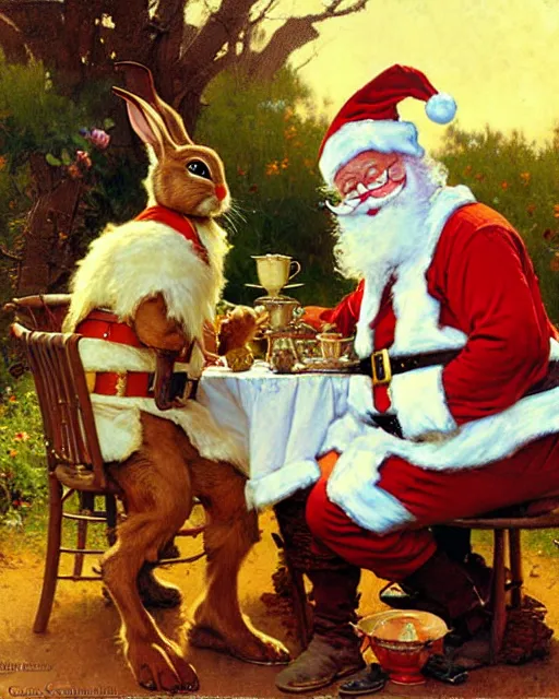Image similar to easter bunny and santa having tea at high noon, painting by gaston bussiere, craig mullins, j. c. leyendecker, norman rockwell