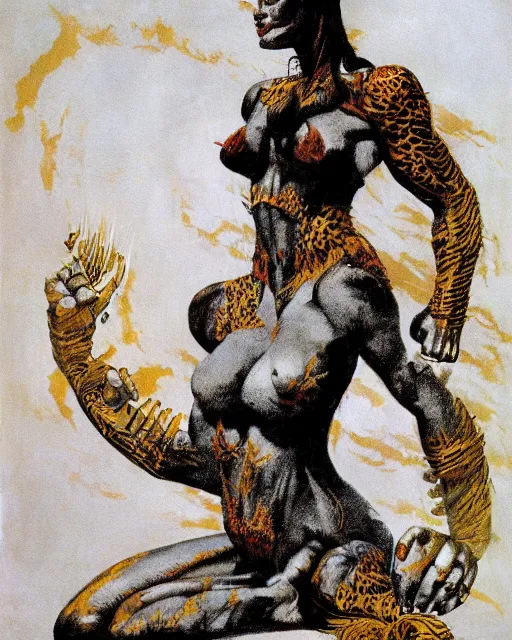 Prompt: tiger woman full body portrait in a palace of gold, by Frank Frazetta