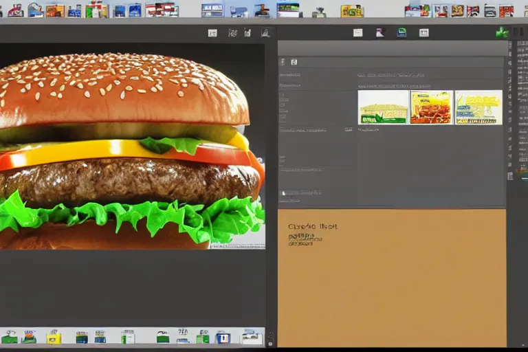 Image similar to hamburger themed gnu / linux desktop environment, linux mint, in 1 9 9 5, y 2 k cybercore, desktop screenshot