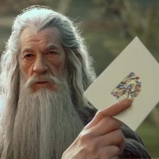Prompt: portrait of gandalf, wearing a pink ribbon tied into his hair, holding a blank playing card up to the camera, movie still from the lord of the rings