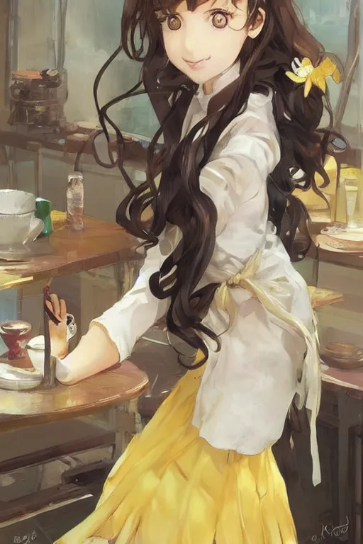 Image similar to A girl in a maid's outfit in a cafe a afternoon, wavy hair yellow theme,S line,45 angel by krenz cushart and range murata and greg rutkowski