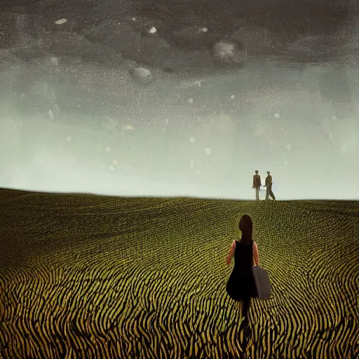 Image similar to giant black sunflower face, girl walking in wheat field, hills, surreal photography, dark night, star trails, dramatic light, impressionist painting, clouds, digital painting, artstation, simon stalenhag