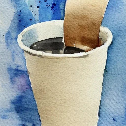 Prompt: Try to catch the deluge in a paper cup, watercolor, ink,