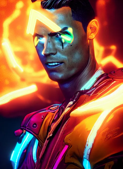 Image similar to glowwave portrait of cristiano ronaldo from borderlands 3, au naturel, hyper detailed, digital art, trending in artstation, cinematic lighting, studio quality, smooth render, unreal engine 5 rendered, octane rendered, art style by klimt and nixeu and ian sprigger and wlop and krenz cushart.