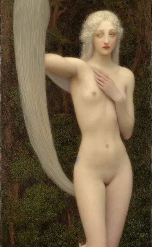 Image similar to Say who is this with silver hair so pale and Wan! and thin? beautiful lone single feminine!! angel, Venus Aphrodite, in the style of Jean Delville, Lucien Lévy-Dhurmer, Fernand Keller, Fernand Khnopff, oil on canvas, 1896, 4K resolution, aesthetic, mystery