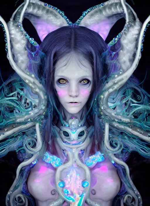 Image similar to A full shot of a cute magical monster girl wearing a dress made of opals and tentacles. Creepy Pasta. Fully Clothed. F1.4. Symmetrical. Dark Smoke and VFX. Caustics refraction. Prism light. Demon Horns, Angel Wings, defined facial features, symmetrical facial features. By Giger and Ruan Jia and Artgerm and Range Murata and WLOP and William-Adolphe Bouguereau and Loish. Pipe Like shapes. Bones.. Lisa Frank Inspired. Key Art. Fantasy Illustration. award winning, Artstation, intricate details, realistic, Hyperdetailed, 8k resolution. 3D Render.